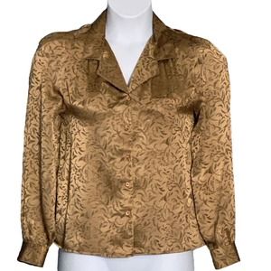 Vintage Size 14P Button Up Blouse Top Glamorous Metallic Western Long Sleeve